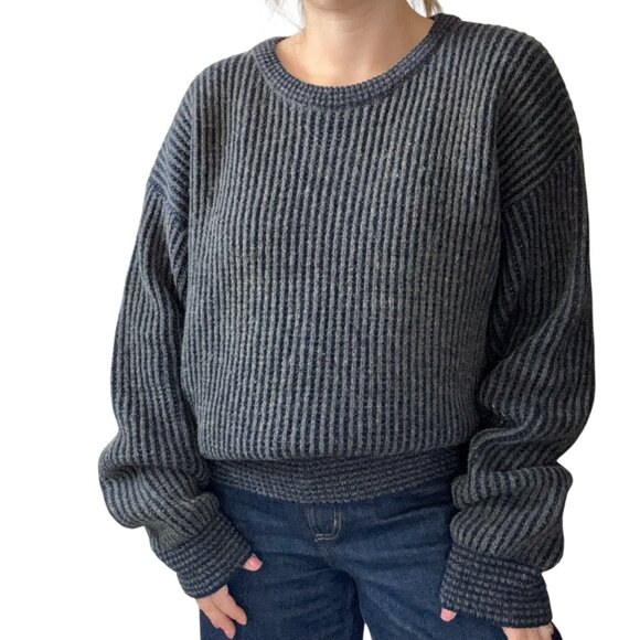 Vintage Mens Navy Blue Gray Ribbed 100% Wool Oversized Crew Neck Sweater Sz 1XL - Picture 8 of 9